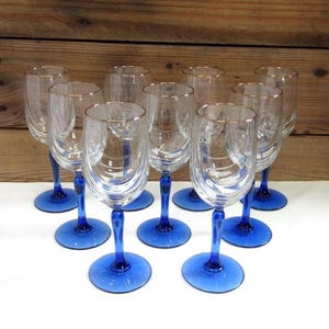 Set of 9 Lenox Cobalt and Crystal Wine Glasses in Swag Pattern with Gold Rims