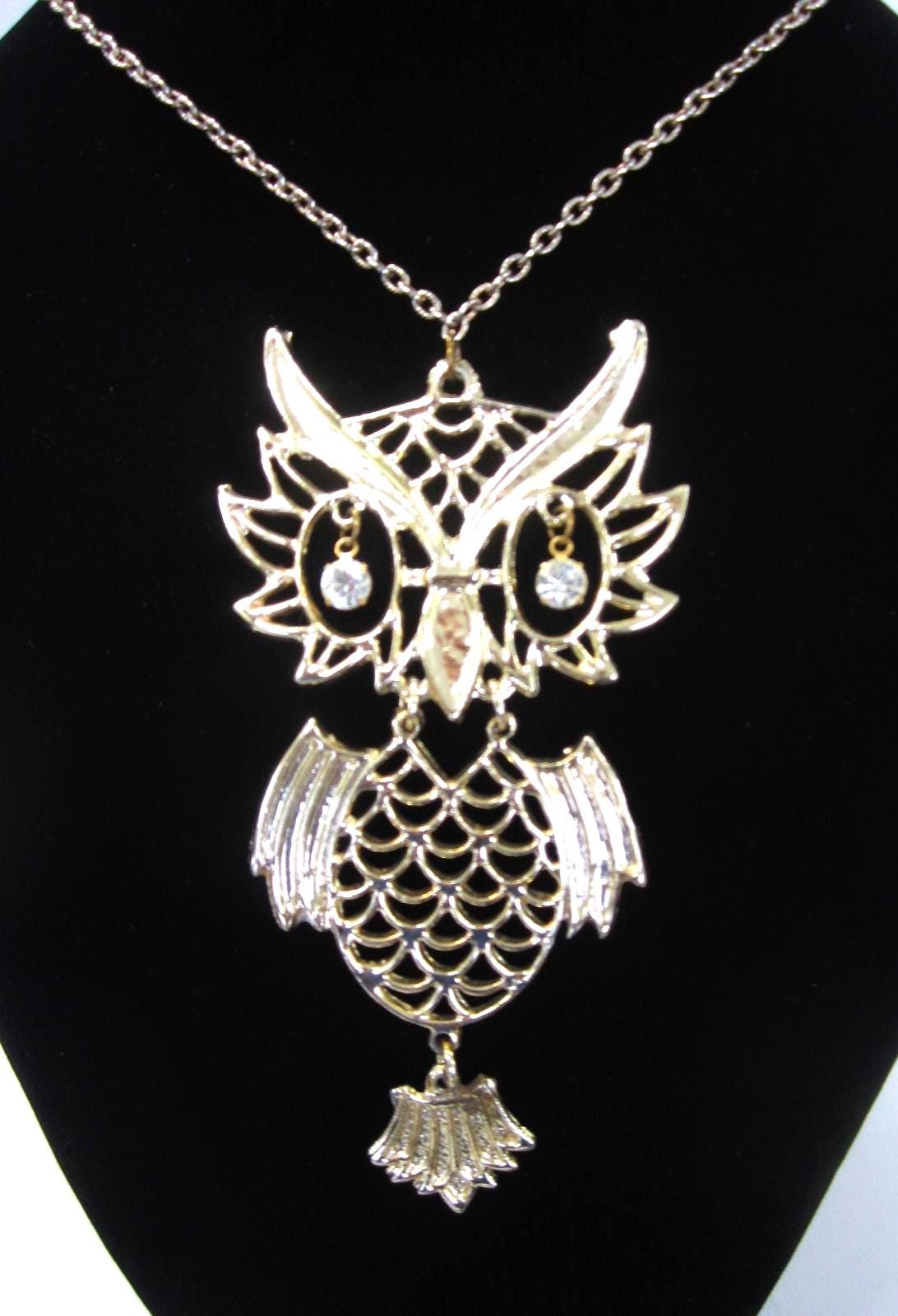 Vintage Articulated Owl Necklace with Rhinestone Eyes, 1970's