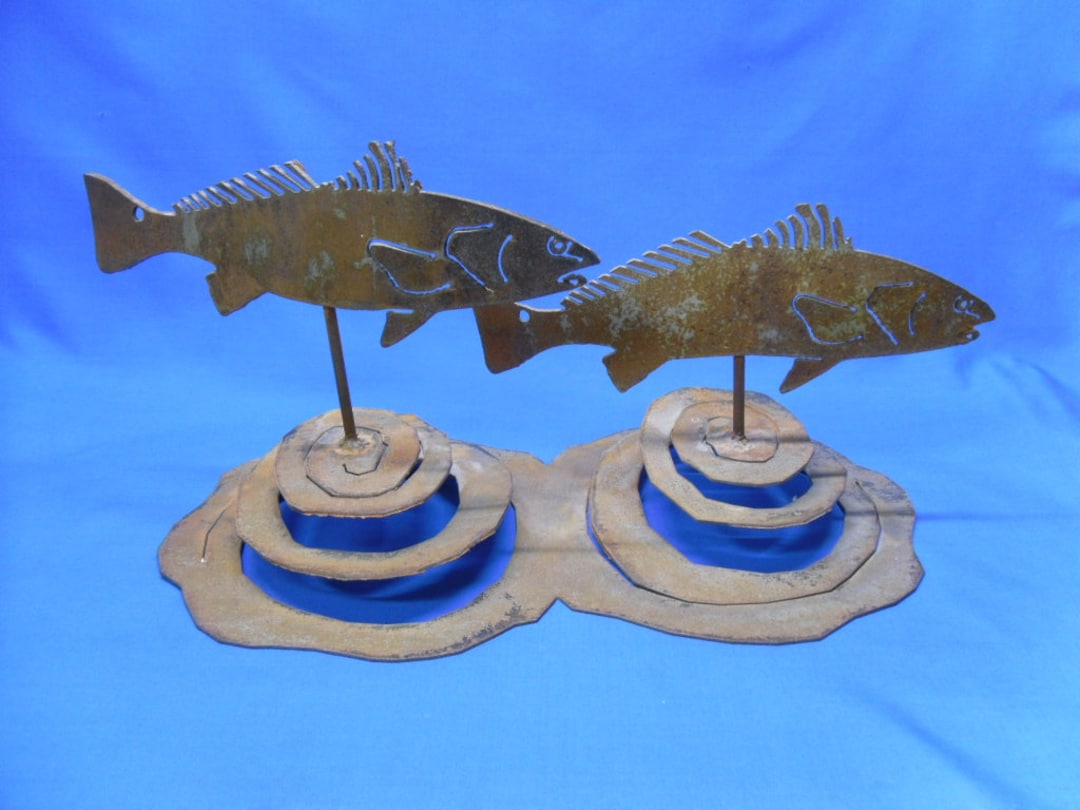 Rustic Metal Fish on Spiral Cutout Base, Pair of Metal Fish for Lake or