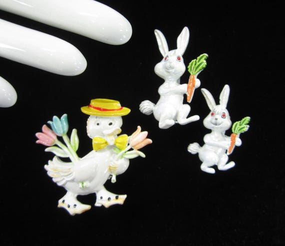 Enamel Rabbits & Dapper Duck Brooches for Spring … - image 1