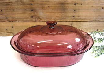 Vintage Corning Cranberry Visions Roaster with Lid: Corning Ware 4 Quart Cooker