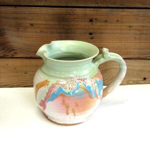 Earthenware Pitcher with Thumb Lock in Soft Mint Green and Pastels, Stoneware Jug Signed by Artist