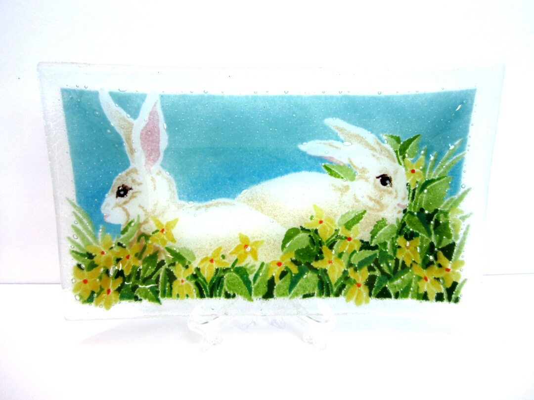 Rectangular Fused Glass Plate With Bunny Rabbits Decorative - Etsy