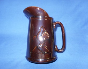 1950's Brown Redware Pitcher with Rooster, Vintage Farmhouse Decor
