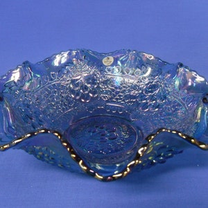 Fenton Peacock Blue Carnival Glass Bowl, Cherry Chain and Orange Tree Patterns