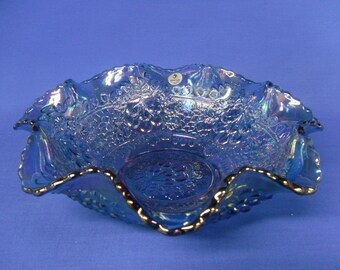 Fenton Peacock Blue Carnival Glass Bowl, Cherry Chain and Orange Tree Patterns
