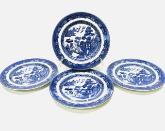 4 Blue Willow Salad Plates by Johnson Bros. of England, Vintage Blue and White Chinoiserie