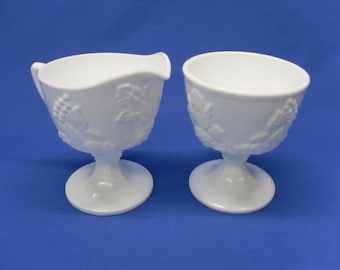 Vintage Indiana Glass Milk Glass Creamer and Sugar Set: Harvest Pattern