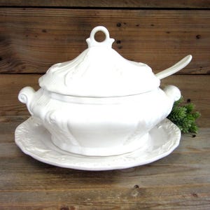 White Soup Tureen 4 Pc Set made in Portugal, Elegant Safaril Embossed Tureen with Rolled Handles Lid Ladle and Base Platter