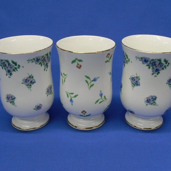 Set of 3 Fine Bone China Mugs with Spring Flowers and Gold Trim, Royal Victoria Footed Tea or Coffee Mugs