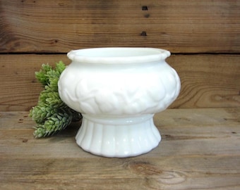 Small Mid Century Milk Glass Pedestal Planter with Embossed Fruit & Vine Pattern