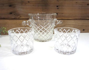 Vintage Cut Crystal Taunton Ice Bucket & Glasses Set - Made in Poland, Waterford Pineapple Style