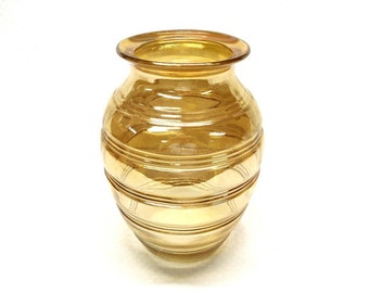 Jeanette Marigold Carnival Glass Vase in Rings Pattern, Large Mid Century Vase