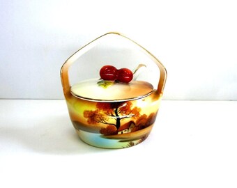 Noritake Hand Painted Mustard Jar with Lid and Spoon, Vintage Morimura Serving Piece with Fruit