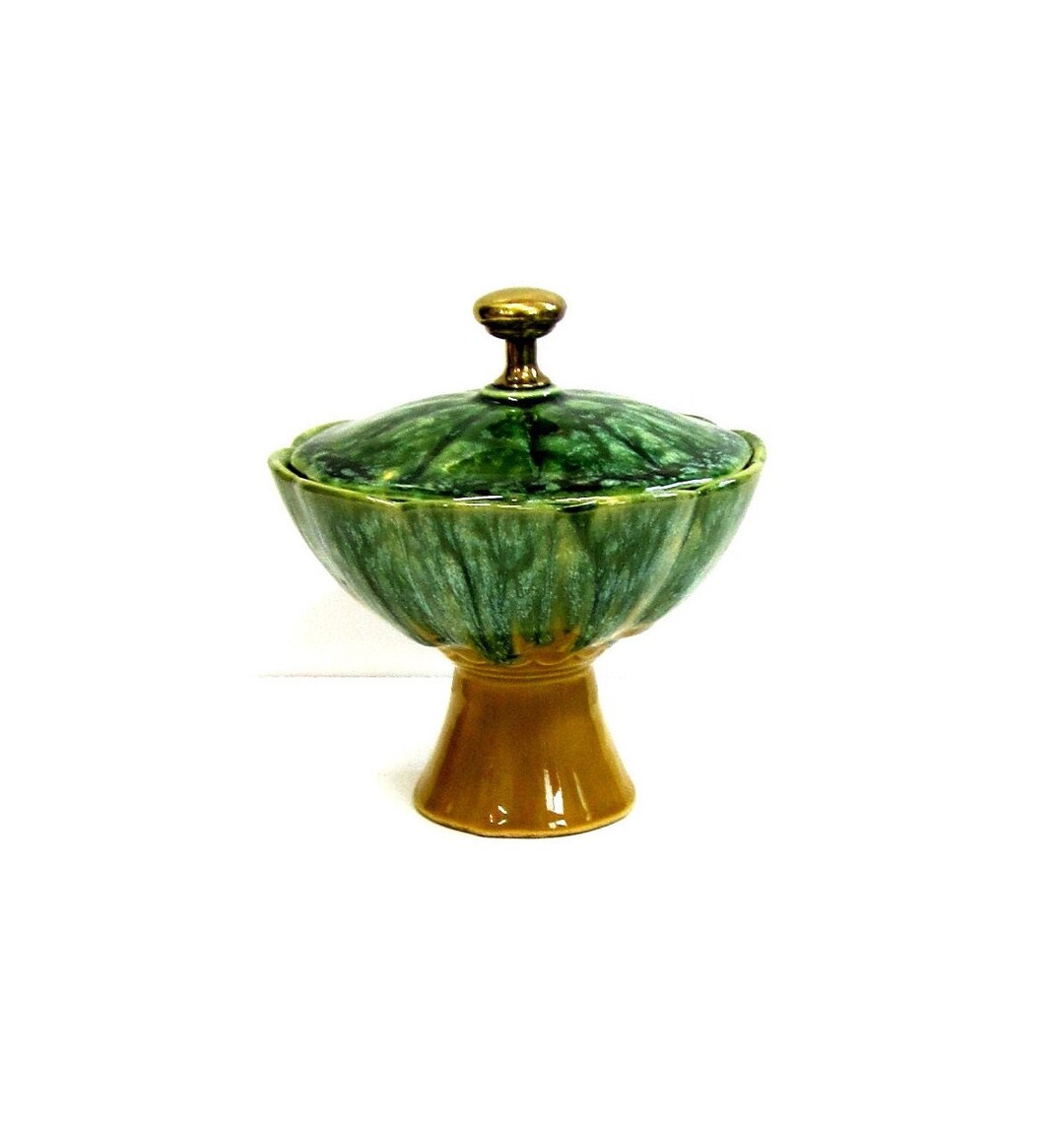 Unique Vintage Pedestal Candy Dish With Lid in Green and Yellow Drip