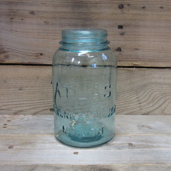 Aqua Blue ATLAS Strong Shoulder Quart Mason Jar, Vintage Blue Mason Canning Jar