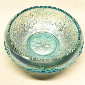 Fenton Teal Carnival Glass Bowl in Cherry & Orange Tree Pattern Vintage Iridescent Bowl
