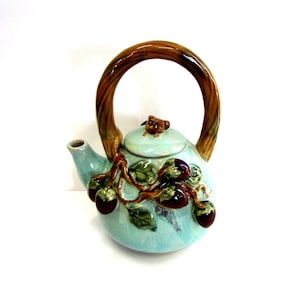 Vintage Turquoise Majolica Teapot with Olives and Frog, Turquoise Glazed Dimensional Italian Teapot with Olives and Leaves