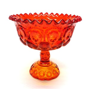 LE Smith Amberina Compote Moon and Stars with Ruffled Lip, Vintage Orange Yellow Glass