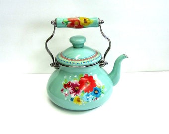 Pioneer Woman Enamel Tea Kettle Breezy Blossoms Floral Pattern in Teal Blue