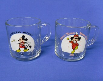 Vintage Mickey Mouse Glass Mugs, Magician Mickey, Set of 2