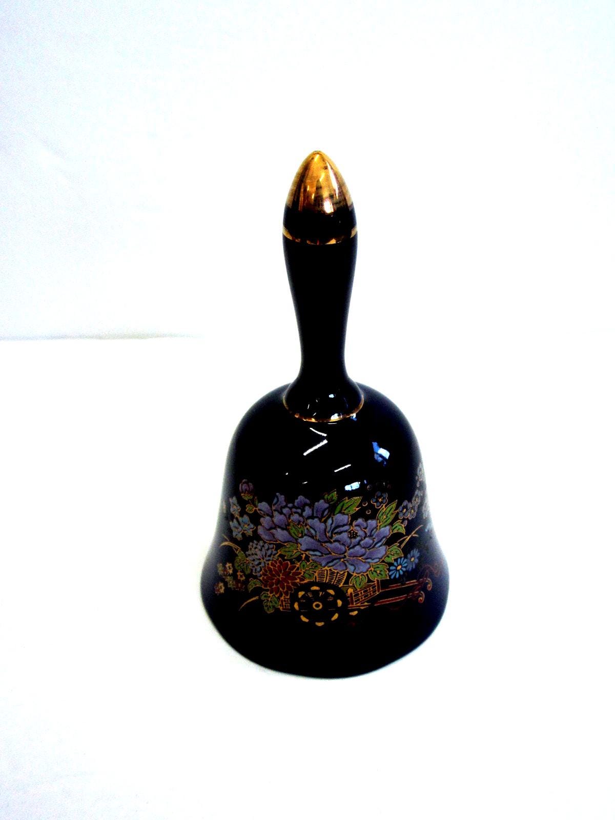 Cobalt Blue Porcelain Bell: Floral Cart Design, Made in Japan