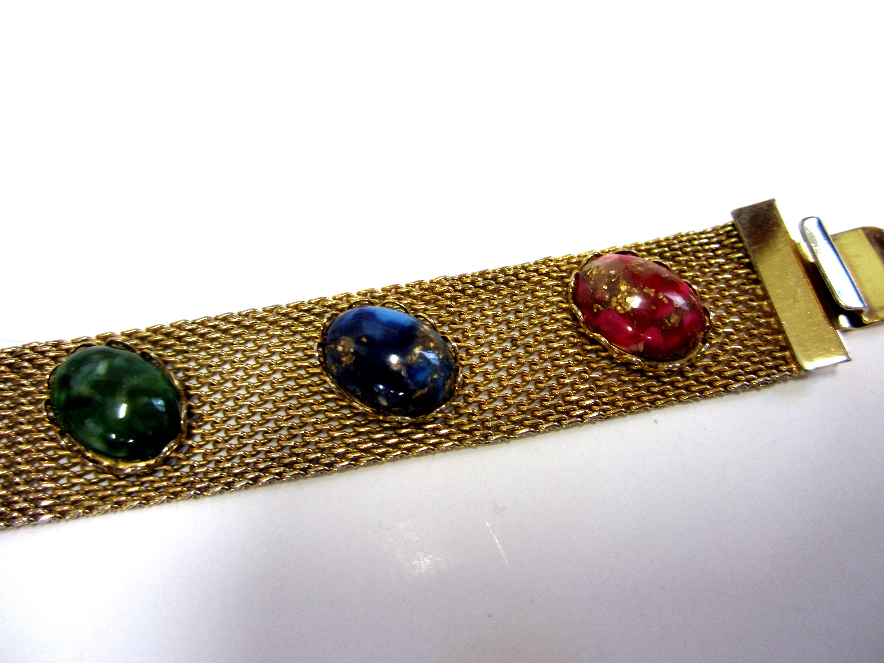 Vintage Gold Tone Mesh and Faux Stone Bracelet Signed