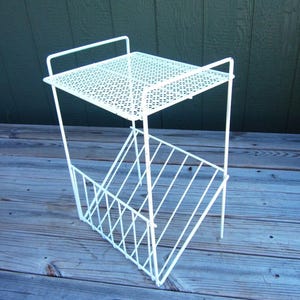 Mid Century Atomic Metal Table and Magazine Rack: Vintage Home Accent Table, White