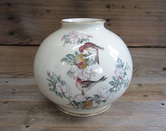 Vintage Large Lenox Globe Vase Serenade in Creamy Color with Birds and Flowers