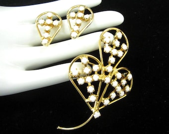 Vintage Milk Glass Rhinestone Flower Brooch and Clip On Earrings Set