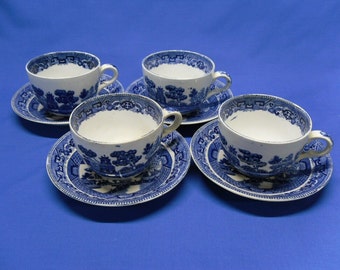 Rare 1911 Set of Buffalo Blue Willow Cups and Saucers Set of 4, Antique Blue and White Teacups and Saucers