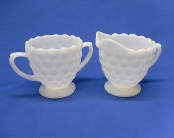 Hazel Atlas Milk Glass Creamer and Sugar Set: Mid-Century Bubble Pattern