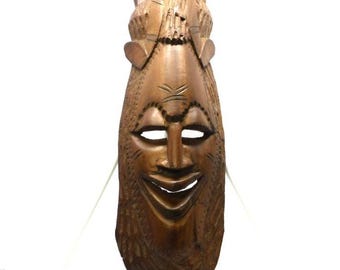 Vintage Hand Carved Wooden African Tribal Face Mask, 1960s Wall Decor Art, Mid Century Ethnic Carving