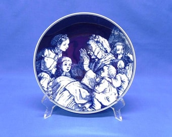 Cobalt Blue & White Collectible Plate Grandmother and Children Storytime, 1970's Made in W. Germany