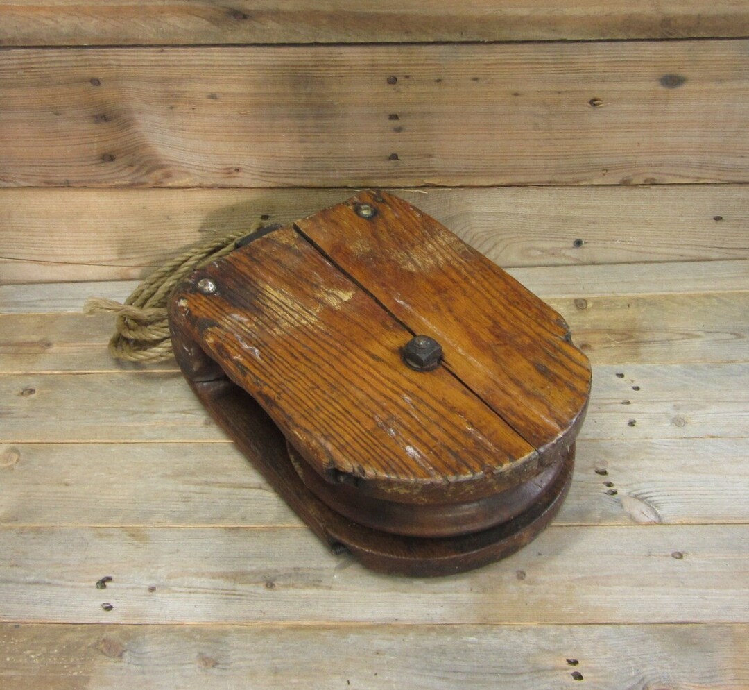 Large Vintage Wooden Pulley With Wood Wheel and Coil of Rope - Etsy