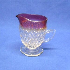 Indiana Glass Diamond Point Creamer with Ruby Flash, Clear and Ruby Glass Pedestal Creamer