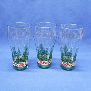 Set of 3 Libbey Coca Cola Glasses Green Tint with Pine Trees and Snow, Wintertime Glassware