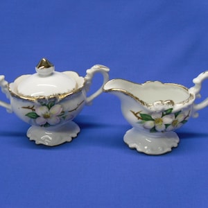Porcelain Creamer and Sugar Set with Dogwood Blossoms, Vintage Japanese Creamer and Sugar Bowl