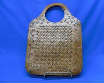 Hand Tooled Faux Leather Tote with Flowers, Vintage Boho or Hippie Bag or Purse