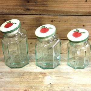 Italian Made Green Glass Canister Set with Apples on Stoneware Lids, Vintage Canister Set Tilted Neck Design