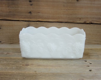 Fire King Milk Glass Planter Grapes and Leaves Pattern, Vintage Anchor Hocking White Glass Planter