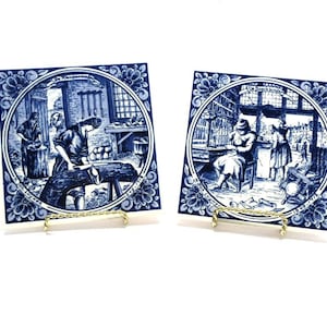 Vintage Delft Blue & White Tiles by N. Jon Luyken, Decorative Tiles Hand Painted in Holland