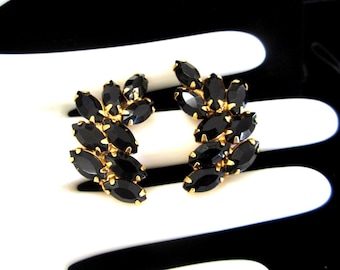 Pendientes vintage de diamantes de imitación negro azabache: Jonne by Schrager, estilo clip