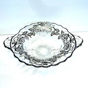Art Deco Sterling Overlay Glass Bowl: Rose Floral Candy Dish
