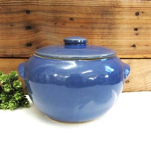 May include: A blue ceramic casserole dish with a lid. The dish has two handles and a rounded shape. The background is a wooden surface. A small green plant is in the lower left corner.