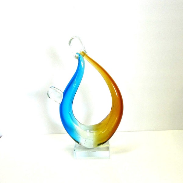 Abstract Murano Style Art Glass Sculpture in Caribbean Blue, Topaz and Clear Handblown Glass