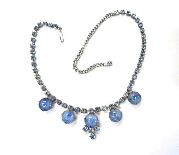 Vintage Blue Art Glass and Rhinestone Choker Necklace: 1960's Choker