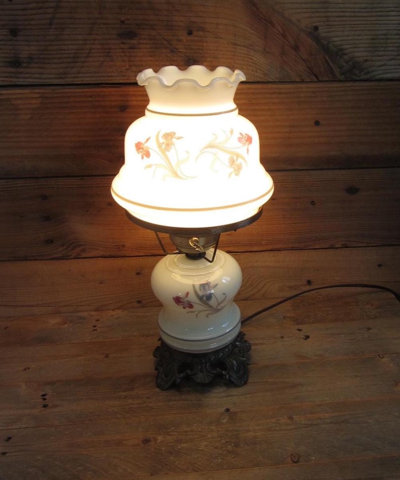 Vintage Milk Glass Hurricane Lamp with Floral Design by Underwriters Laboratories Tested & Working