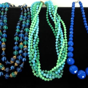 Vintage Blue and Green Beaded Necklaces Multi Strand Torsade and Graduated Beads