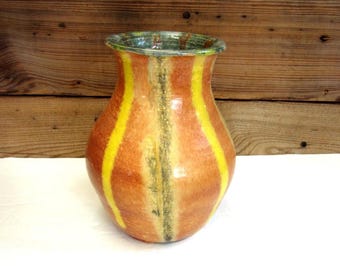Handcrafted Pottery Vase in Burnt Orange & Yellow and Sage Green, Vintage Boho Studio Pottery